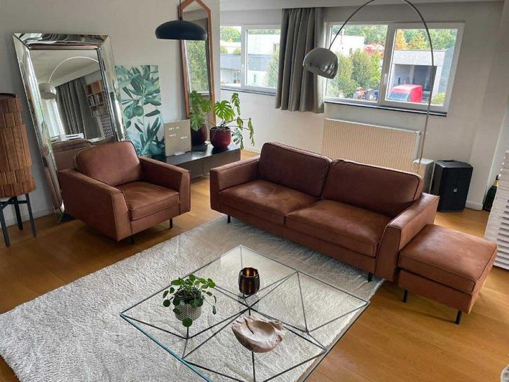 Quentin zetel 3+1-zit+voetenbank Presto lederlook Cognac, Huis en Inrichting, Zetels | Complete zithoeken, Zo goed als nieuw, Hout