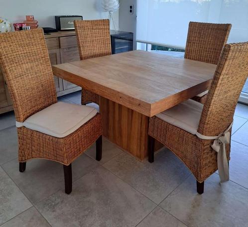 Table salle à manger (sheesham) + 4 chaises (Rotin), Huis en Inrichting, Tafels | Eettafels, Gebruikt, 100 tot 150 cm, 100 tot 150 cm