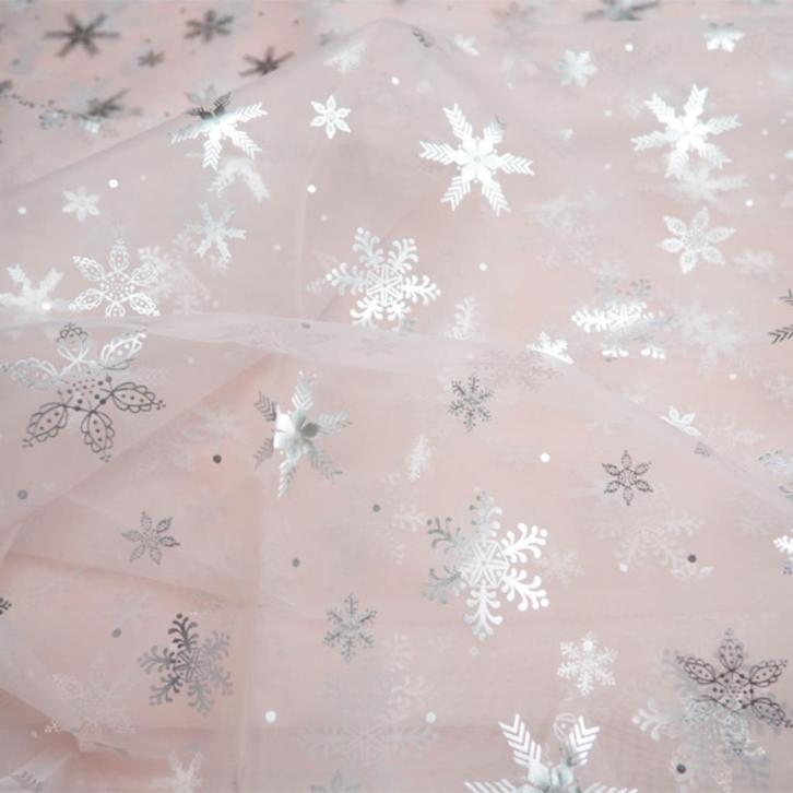 5 meter organza babyroze sneeuwvlok glitter, Hobby en Vrije tijd, Stoffen en Lappen, Nieuw, Polyester, 120 cm of meer, 30 tot 200 cm
