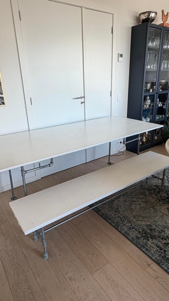 Custom made industrial look table and bench, Gebruikt, Whit industrial look, custom built one of a kind, 50 tot 100 cm, 150 tot 200 cm