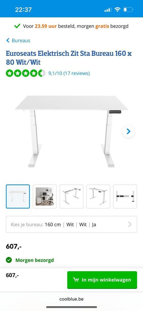 Elektrisch zit-sta bureau 160x80 wit – Euroseats, Maison & Meubles, Bureaux, Comme neuf, Bureau, Électrique, Enlèvement