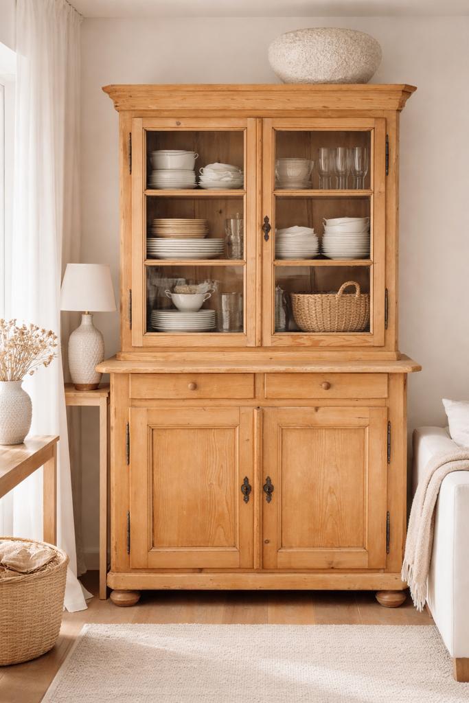 Oude grenen vitrinekast/ buffetkast, Huis en Inrichting, Kasten | Buffetkasten, Gebruikt, Grenenhout, Ophalen