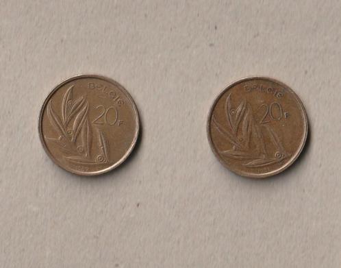 België : 2 (gebruikte) munten van 20 fr (1980 en 1993), Postzegels en Munten, Munten | België, Setje, Ophalen of Verzenden