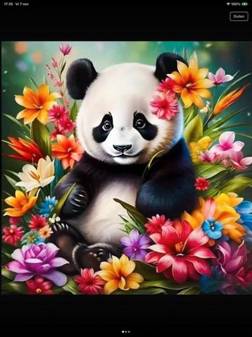 Diamond painting ;bloemen panda 50 x50 ronde steentjes nieuw beschikbaar voor biedingen