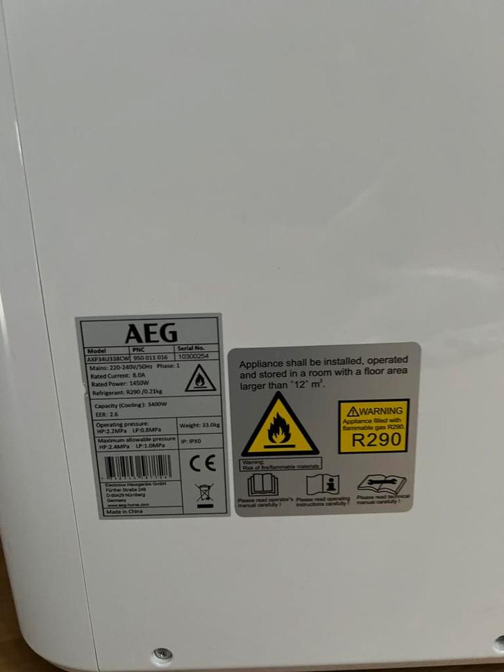 AEG AXP34U338CWAdded, Elektronische apparatuur, Airco's, Zo goed als nieuw, Mobiele airco, 60 tot 100 m³, 3 snelheden of meer