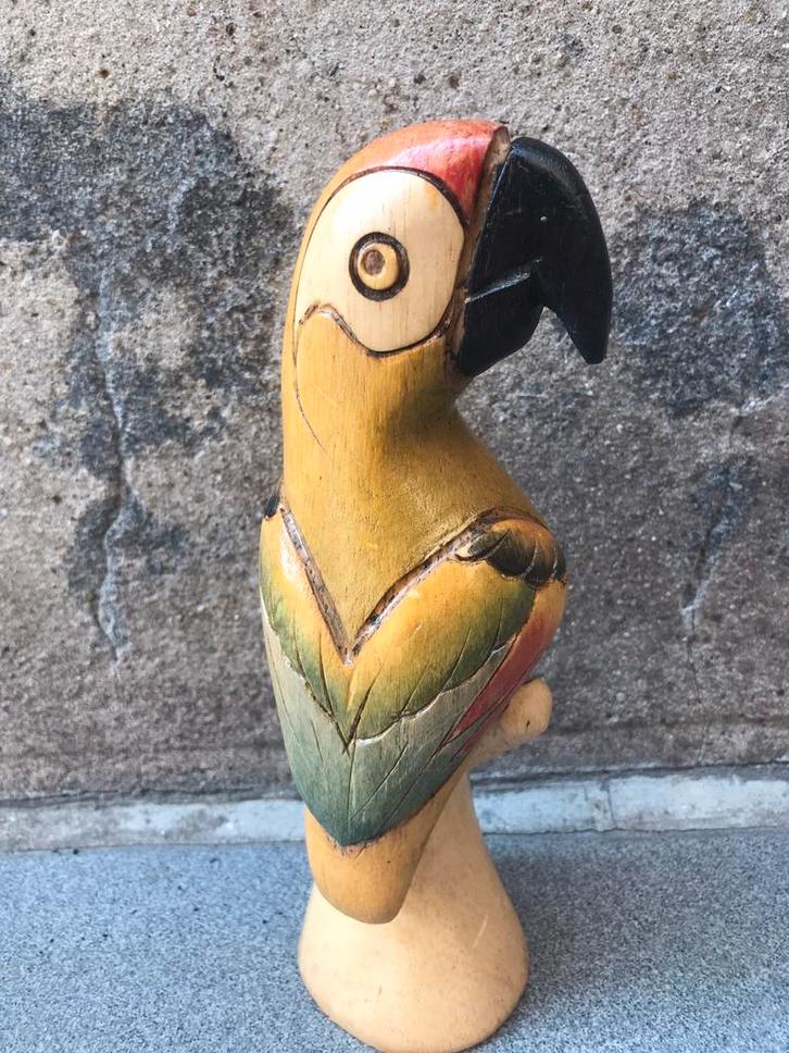 Vintage uniek beeldje hout papegaai, Antiek en Kunst, Curiosa en Brocante, Ophalen of Verzenden