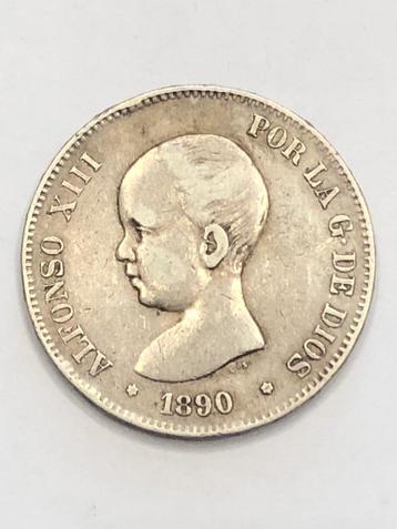 Munt zilver Spanje 5 pesetas Alfonso XIII jaartal 1890 beschikbaar voor biedingen