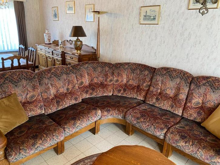 Zetel (1 zit, 3 zit en gebogen 6 zit), Huis en Inrichting, Zetels | Zetels, Gebruikt, Hoekbank, Vierpersoons of meer, Hout, Stof