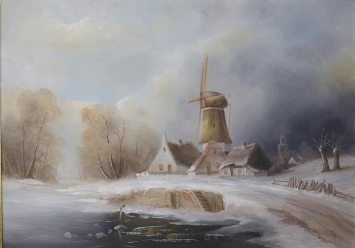 Gaston Quidousse (1938-1998): Winters Molenzicht (122x92cm), Antiek en Kunst, Kunst | Schilderijen | Klassiek, Ophalen