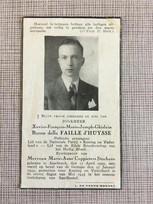 Oorlogsslachtoffer BARON DELLA FAILLEERDE D’HUYSSE +1945, Verzamelen, Bidprentjes en Rouwkaarten, Bidprentje, Ophalen of Verzenden