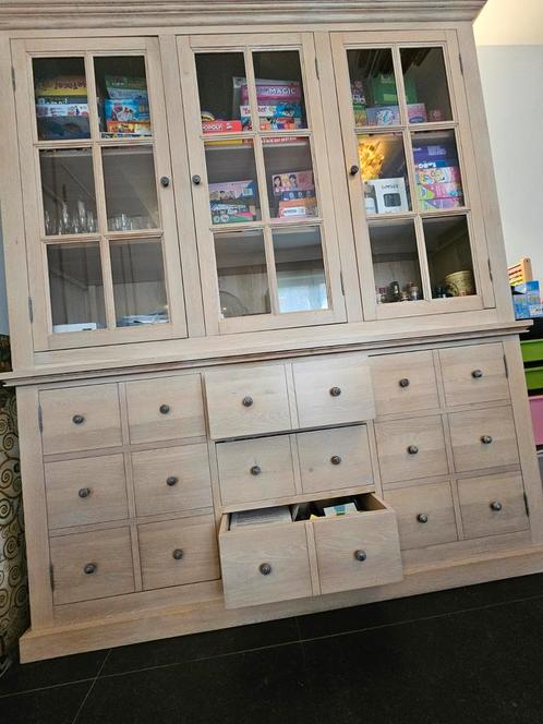 Vol eiken buffetkast 2delig gekocht bij Goossens wonen, Huis en Inrichting, Kasten | Buffetkasten, Zo goed als nieuw, Glas, Ophalen