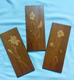 Houten inlegwerk intarsie 3 wandhangers bloemen vintage, Ophalen of Verzenden