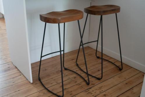 2 Tabourets Chaises de bar en bois plein et fer forgé, Maison & Meubles, Tabourets de bar, Comme neuf, 60 à 90 cm, Bois, Métal