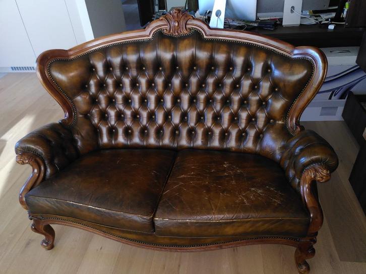 fauteuil antiek, Huis en Inrichting, Fauteuils, Gebruikt, Hout, Leer, 125 cm of meer, 75 tot 100 cm, Ophalen