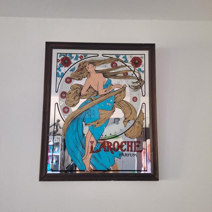 Vintage spiegel met reclame Laroche, Verzamelen, Merken en Reclamevoorwerpen, Gebruikt, Overige typen, Ophalen
