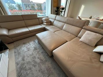 Grand canapé d'angle, cuir véritable, blanc, en bon état