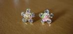 Zilverkleurige bloem oorbellen strass en roze groene roos, Ophalen of Verzenden, Met strass