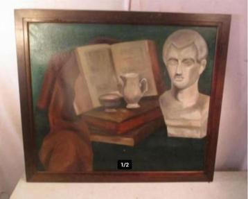 Mooi Oud Geschilderd Stilleven 'Borstbeeld + Boeken' - 78x68 beschikbaar voor biedingen
