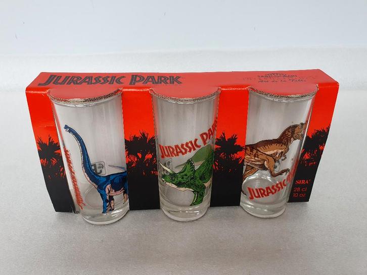 Jurassic Park: set van 3 drinkglazen (Amblin, 1992) (1), Collections, Verres & Petits Verres, Neuf, Verre à soda, Enlèvement ou Envoi