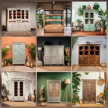 Oude landelijke buffet- Vitrine- kasten - levering mogelijk  beschikbaar voor biedingen