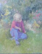 Hans Kitslaar, doek, Kind in de tuin, 80 x 60 cm, Antiek en Kunst, Kunst | Schilderijen | Modern, Ophalen of Verzenden