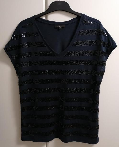 Donkerblauw T-shirt met V-hals en strepen in pailletten, S, Kleding | Dames, T-shirts, Zo goed als nieuw, Ophalen of Verzenden