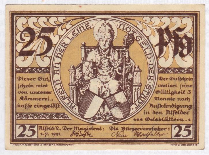Alfeld 25 Pfennig 1921, Postzegels en Munten, Bankbiljetten | Europa | Niet-Eurobiljetten, Los biljet, Duitsland, Ophalen of Verzenden