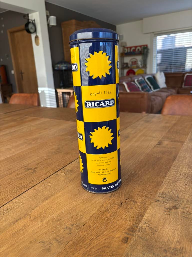Vintage Ricard Pastis Blik - Geel/Blauw Dambord - Reliëf, Ophalen, Zo goed als nieuw