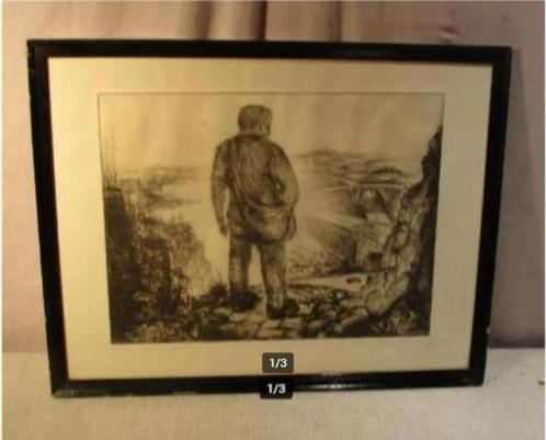 Belle gravure ancienne « Fermier sur la colline » - Keusterm, Antiquités & Art, Art | Eaux-fortes & Gravures, Enlèvement ou Envoi