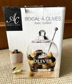 Bocal à olives avec cuillère à servir - Neuf, Ophalen, Kom(men), Overige stijlen, Glas