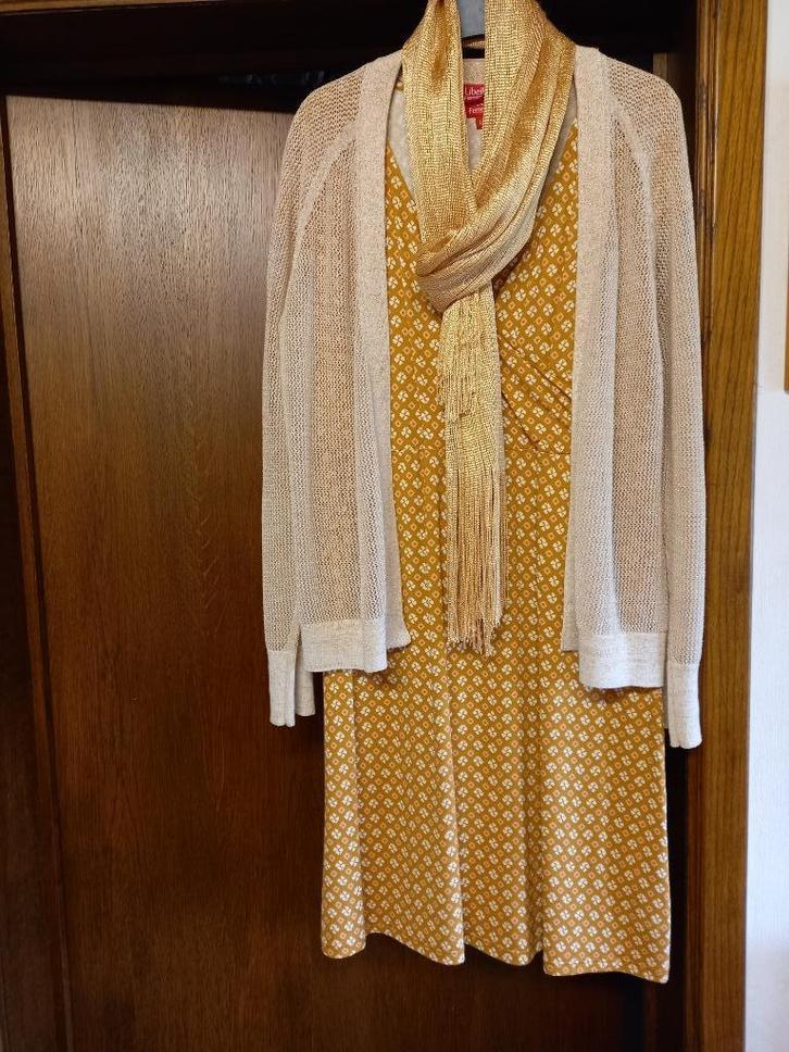 feestelijk okergeel kleedje, vestje en sjaaltje, Kleding | Dames, Jurken, Zo goed als nieuw, Maat 42/44 (L), Bruin, Knielengte