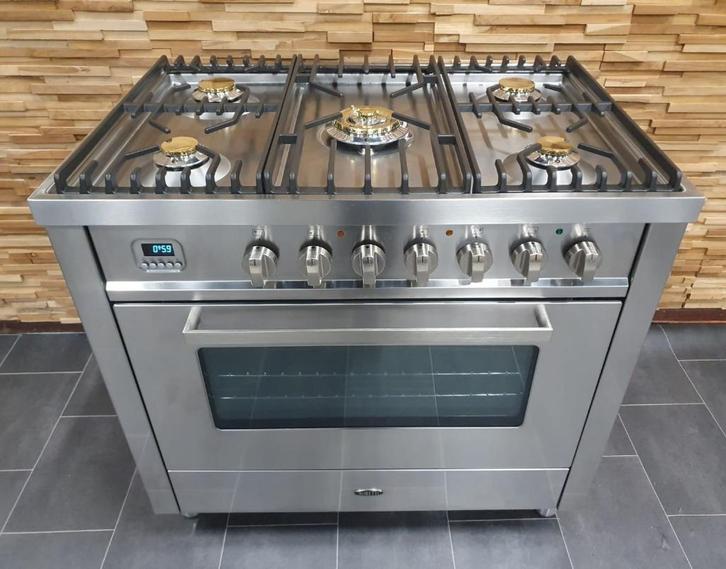 🔥Luxe Boretti Fornuis 90cm rvs + rvs 5 pitten 1 grote oven, Elektronische apparatuur, Fornuizen, Zo goed als nieuw, Vrijstaand