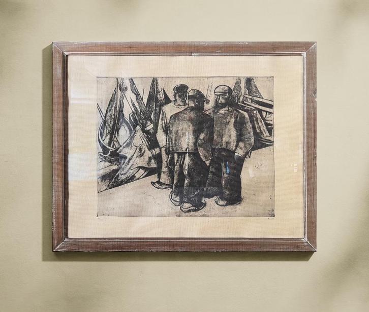 HENRI RAMAH - grote gravure „Vlaamse vissers”, Antiek en Kunst, Kunst | Etsen en Gravures, Ophalen