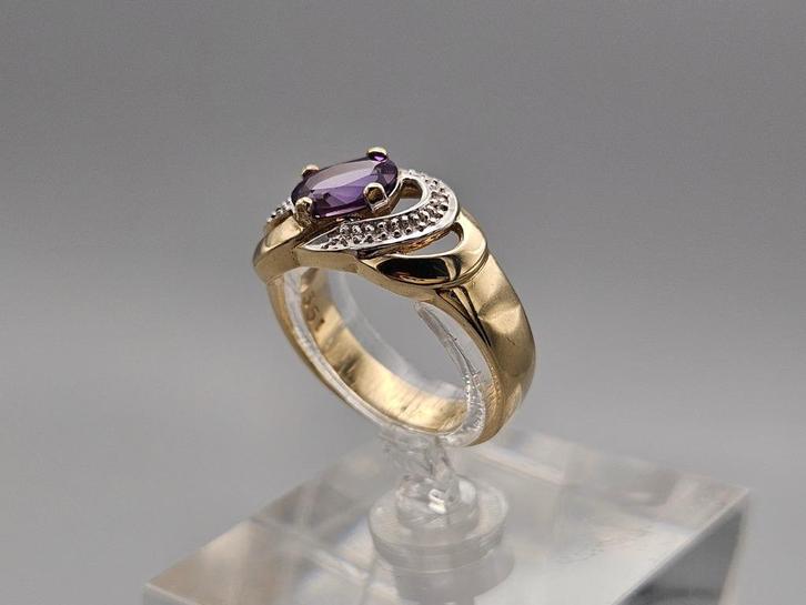 Bague vintage en or, pierre précieuse, améthyste et diamant., Bijoux, Sacs & Beauté, Bagues, Comme neuf, Femme, Plus petit que 17
