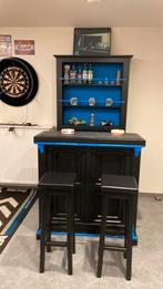 Gelakte eiken toog blauwe steen met smeedijzer + barkrukken, Ophalen, Zo goed als nieuw