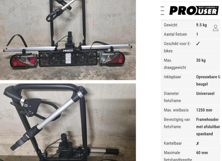 Pro User Diamant 1 nieuw, Auto diversen, Fietsendragers, Zo goed als nieuw, Trekhaakdrager, 1 fiets, Brede banden, Elektrische fiets