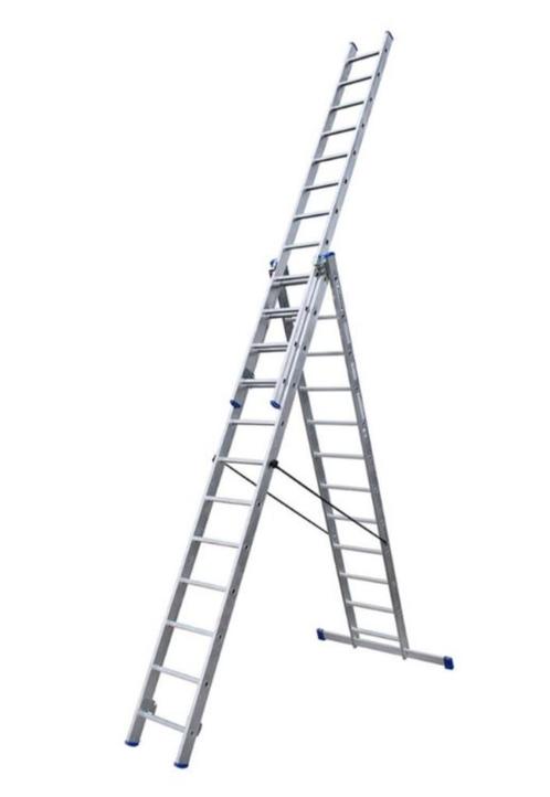 Driedelige ladder met A-stand - 3,25 tot 7,30 meter hoog, Doe-het-zelf en Bouw, Ladders en Trappen, Zo goed als nieuw, Ladder