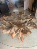 Exotische teakhouten worteltafel, Ophalen of Verzenden, Zo goed als nieuw, Glas