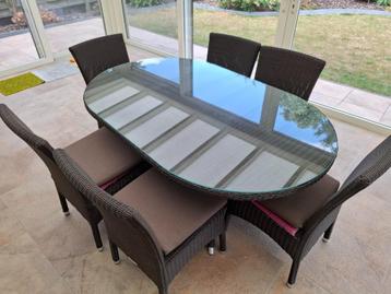 Ovale wicker tafel met 6 stoelen, 150 à 200 cm, Cinq personnes ou plus, Comme neuf, Synthétique