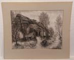 Houtskool op papier gesigneerd - Rustieke boerderij, Antiek en Kunst, Ophalen of Verzenden