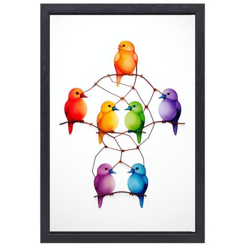 Oiseaux en toile colorée + cadre à pâtisserie 60x90cm, Antiquités & Art, Art | Peinture | Moderne, Envoi