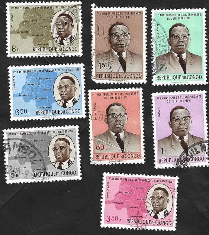 8 Postzegels Rep. Congo 1961- 1 jaar onafhankelijkheid, Timbres & Monnaies, Timbres | Afrique, Affranchi, Autres pays, Enlèvement ou Envoi