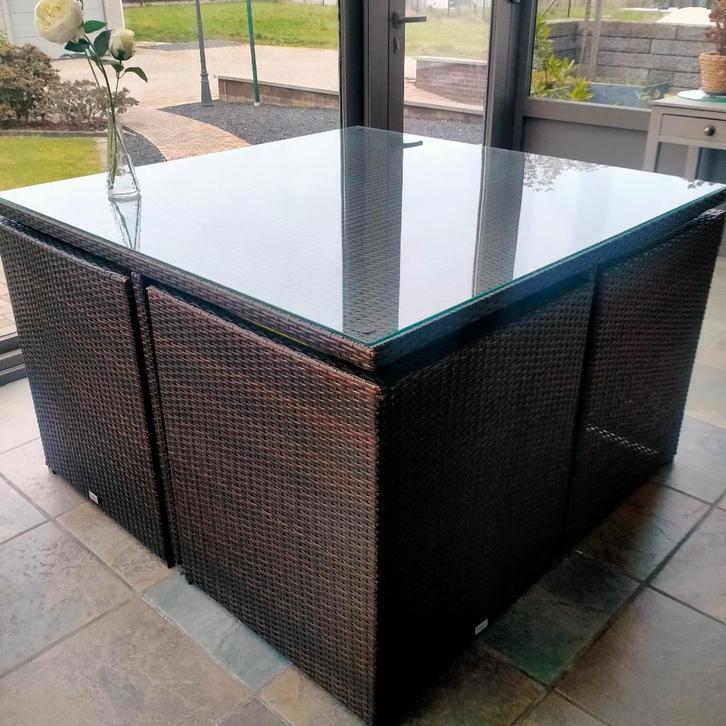 tuinset bruin wicker, Tuin en Terras, Tuinsets en Loungesets, Gebruikt, Tuinset, Wicker, 4 zitplaatsen, Bank, Hocker, Stoel, Ophalen