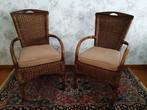 Twee rotan armstoelen met beige zitkussens – retro/vintage, Huis en Inrichting, Stoelen, Ophalen, Gebruikt, Twee, Bruin
