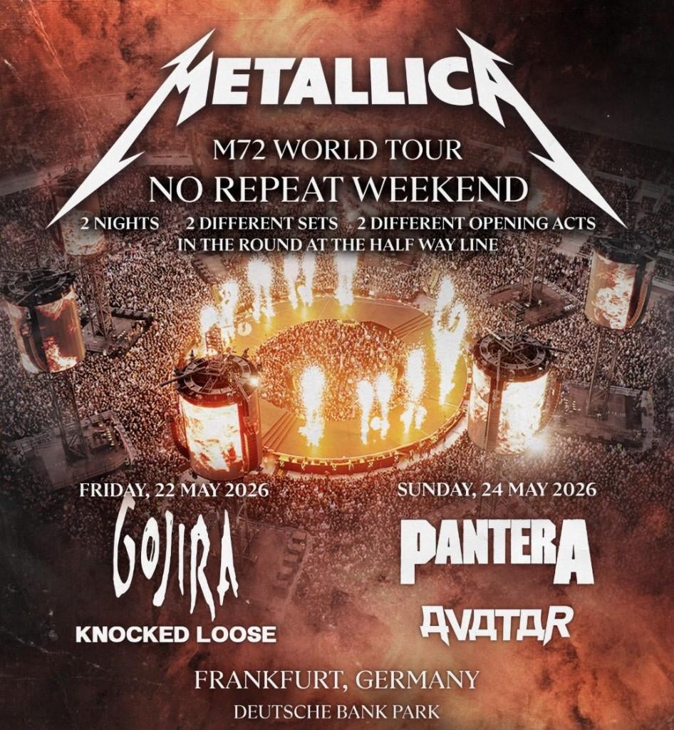 Places de concert METALLICA - Francfort - 22 et 24 mai 2026, Mai