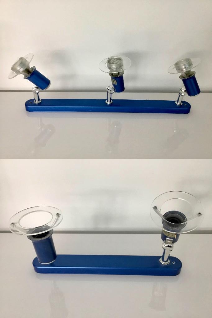 Set 2 blauwe plafondlampen met 2 + 3 spots + 3 spaarlampen, Ophalen, Gebruikt, Metaal, Modern