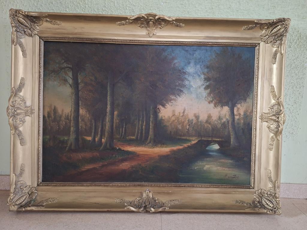 Schilderij rivier door boslandschap, Antiek en Kunst, Ophalen