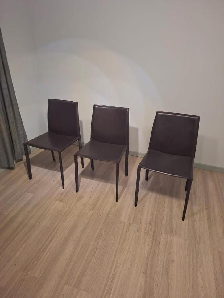 set van 3 moderne eetkamerstoelen – lederlook bruin, Maison & Meubles, Chaises, Utilisé, Trois, Autres matériaux, Brun, Enlèvement