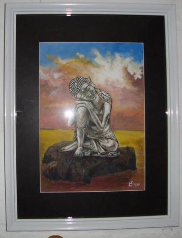 Acrylschilderij met zen-frame: Boeddha zittend
