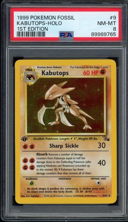 Kabutops Holo 1st Edition PSA 8 - 9/62 - Fossil 1999, Hobby en Vrije tijd, Verzamelkaartspellen | Pokémon, Zo goed als nieuw, Losse kaart